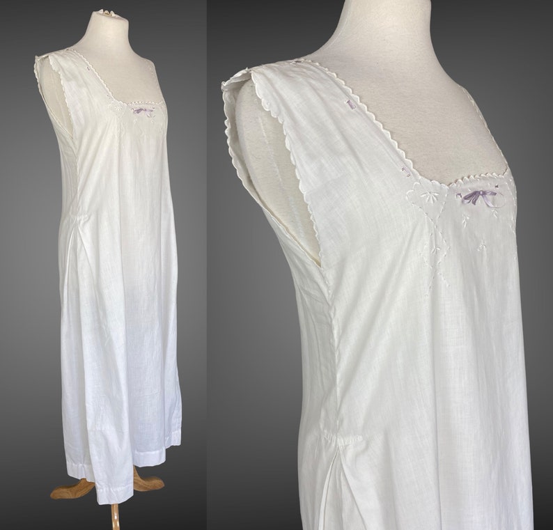 Edwardian Night Dress, Antique 1910s Nightgown, White Embroidered Cotton Nightwear w Purple Ribbon Tie, Made in France, S M image 2