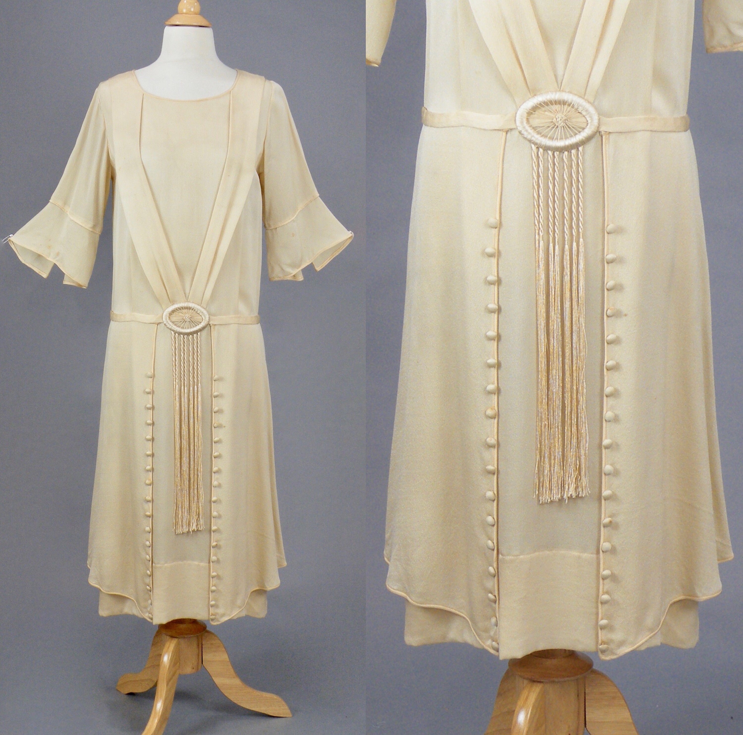 Vintage 1920s Art Deco Beige Silk Crepe Dreamcatcher Dress with Fringed ...