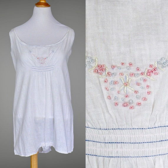 Edwardian Step-In Lingerie, Antique 1910s French Knot Embroidered Cotton Envelope Chemise, Large 40 Bust