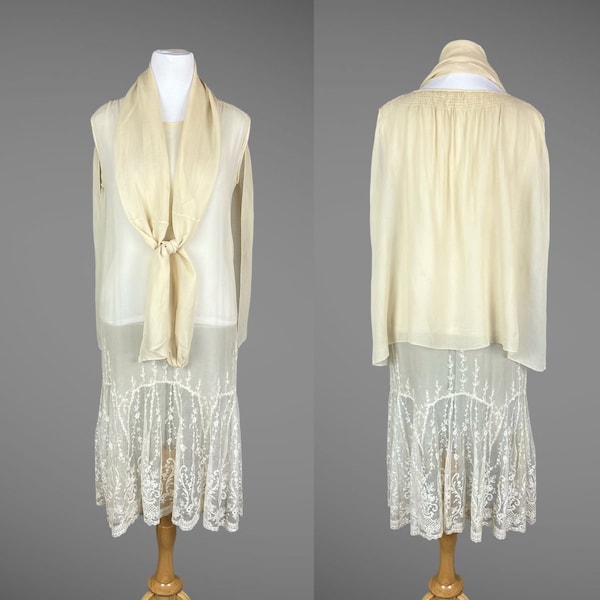 Vintage 1920s Tambour Lace Embroidered Sheer Silk Chiffon Dress and Scarf, M/L