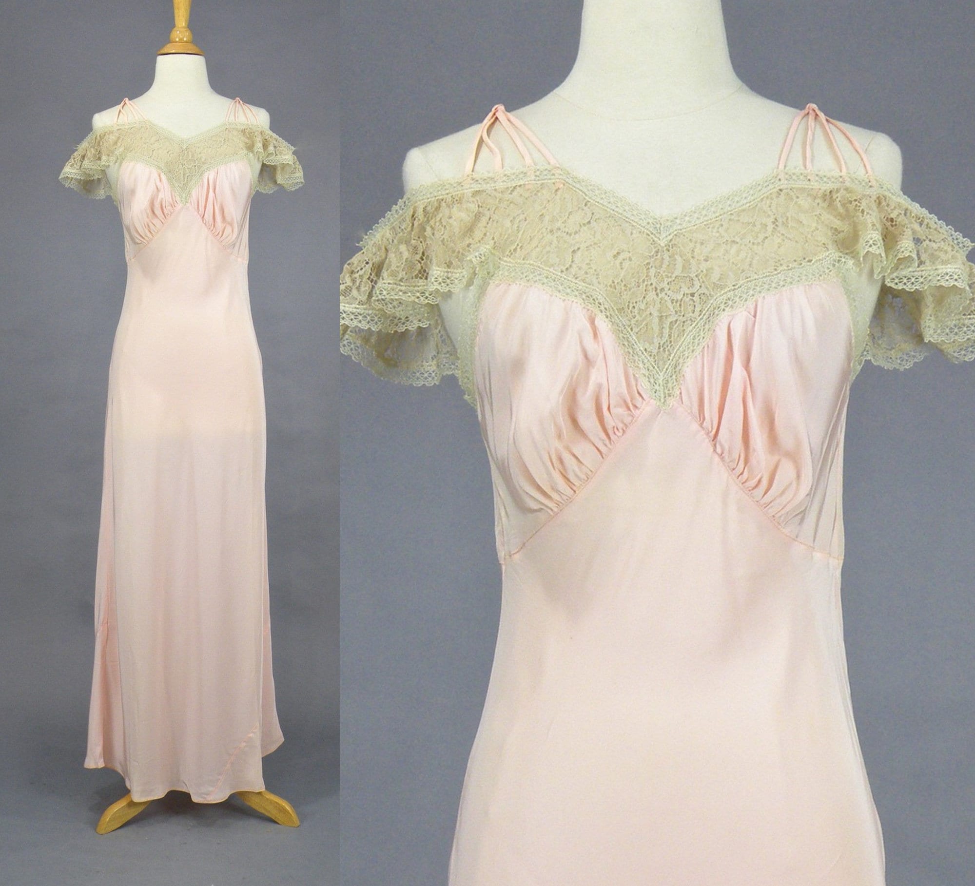 M L Vintage 1930s Lingerie 30s Silk and Lace Slip Pink