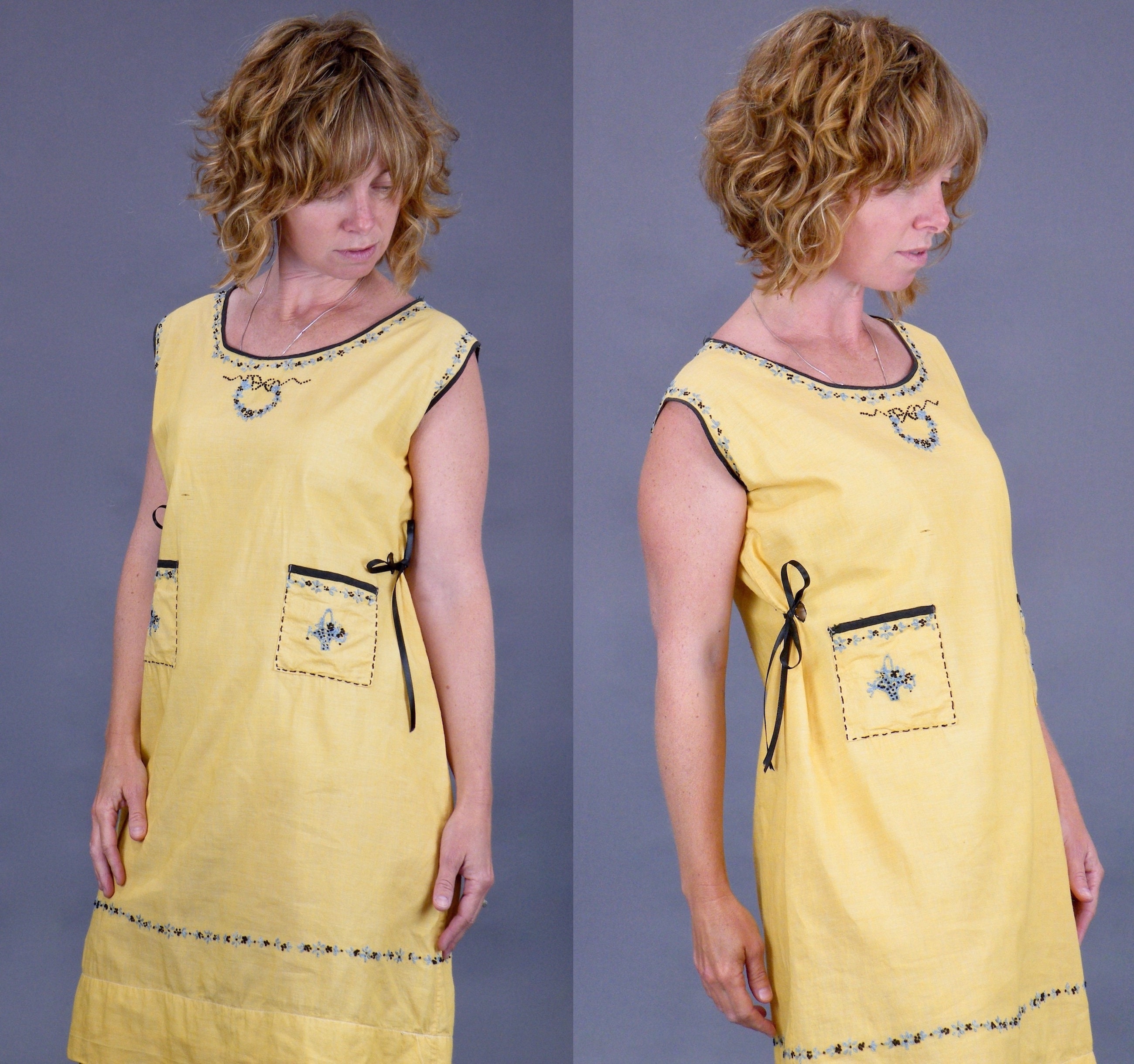 Vintage 1920s Linen Dress, 20s Day Dress, Yellow Embroidered Flower ...