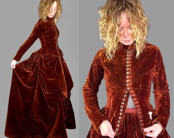 1880s Victorian Sienna Brown Velvet Bustle Dress, Antique Velvet Bodice Jacket and Bustle Skirt, XS