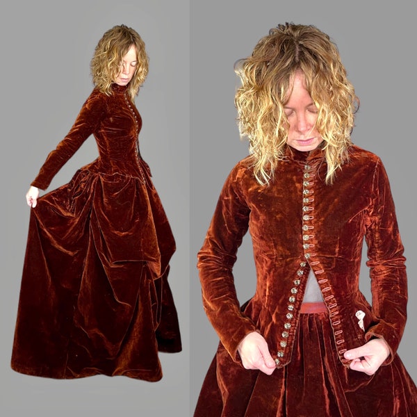 1880s Victorian Sienna Brown Velvet Bustle Dress, Antique Velvet Bodice Jacket and Bustle Skirt, XS