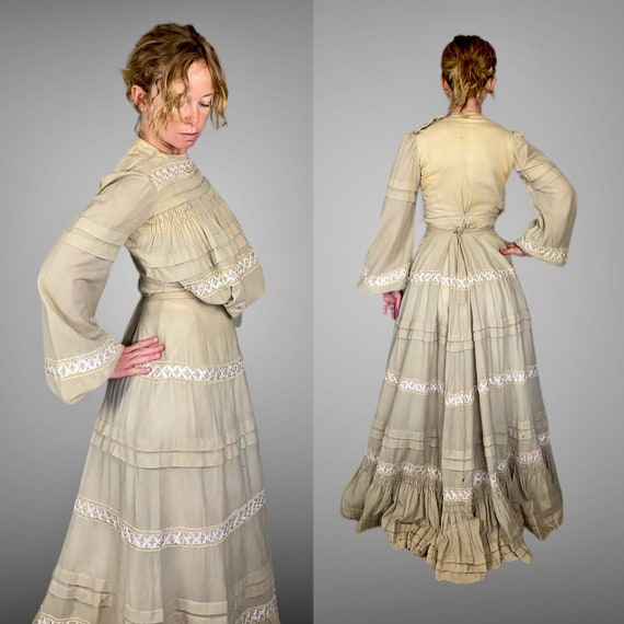 Antique 1900s Gibson Girl Dress, Edwardian Beige Wool Bishop Sleeve Pigeon Breast Bodice and Tiered Skirt, Braided Silk Trim, XXS