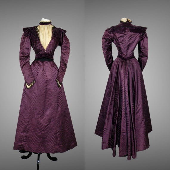 1890s 1900s Victorian Purple Satin & Beaded Velvet Dress, 2pc Antique Victorian Skirt and Bodice Set