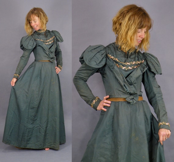 1890s Embellished Victorian Dress, Antique 19th Century Green Silk Victorian Walking Dress with Gold Beading and Pastel Sequins