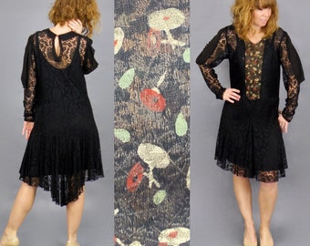 Vintage 1920s Lamé Lace Dress, 20s Flapper Dress, Jazz Age Long Sleeve 1920s Dress