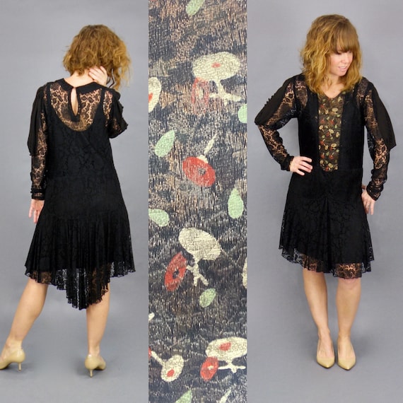 Vintage 1920s Metallic Lamé Lace Flapper Dress with Long Cutout Crepe Button Sleeves, XS - S