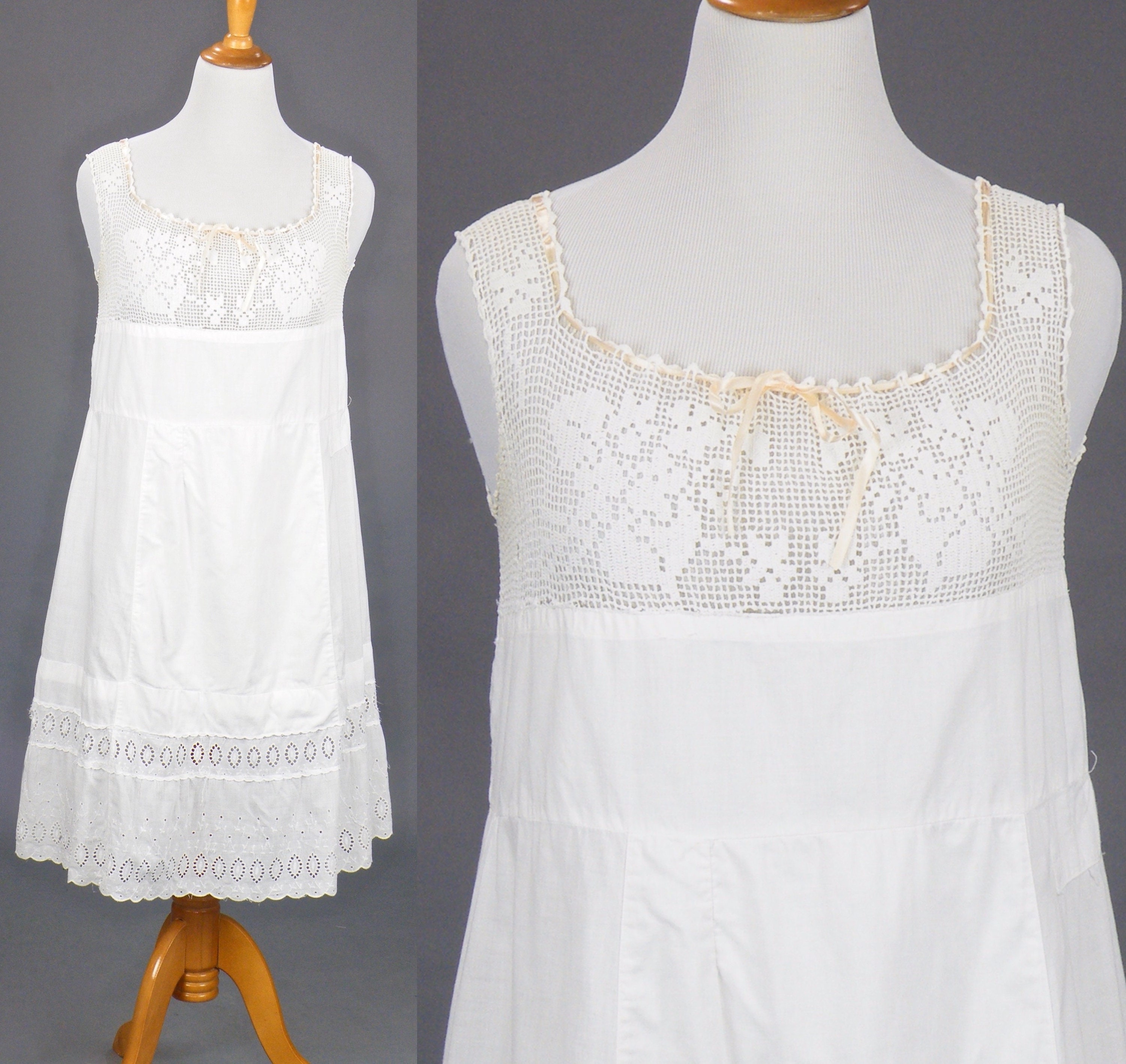 1910s Edwardian Filet Crochet Lace Cotton Eyelet Slip Dress, Antique