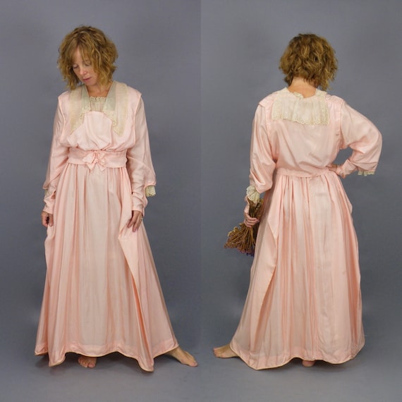 Edwardian 1900s Pink Silk Lace Antique Dress, Lace Trim Dagger Collar and Bishop Sleeves