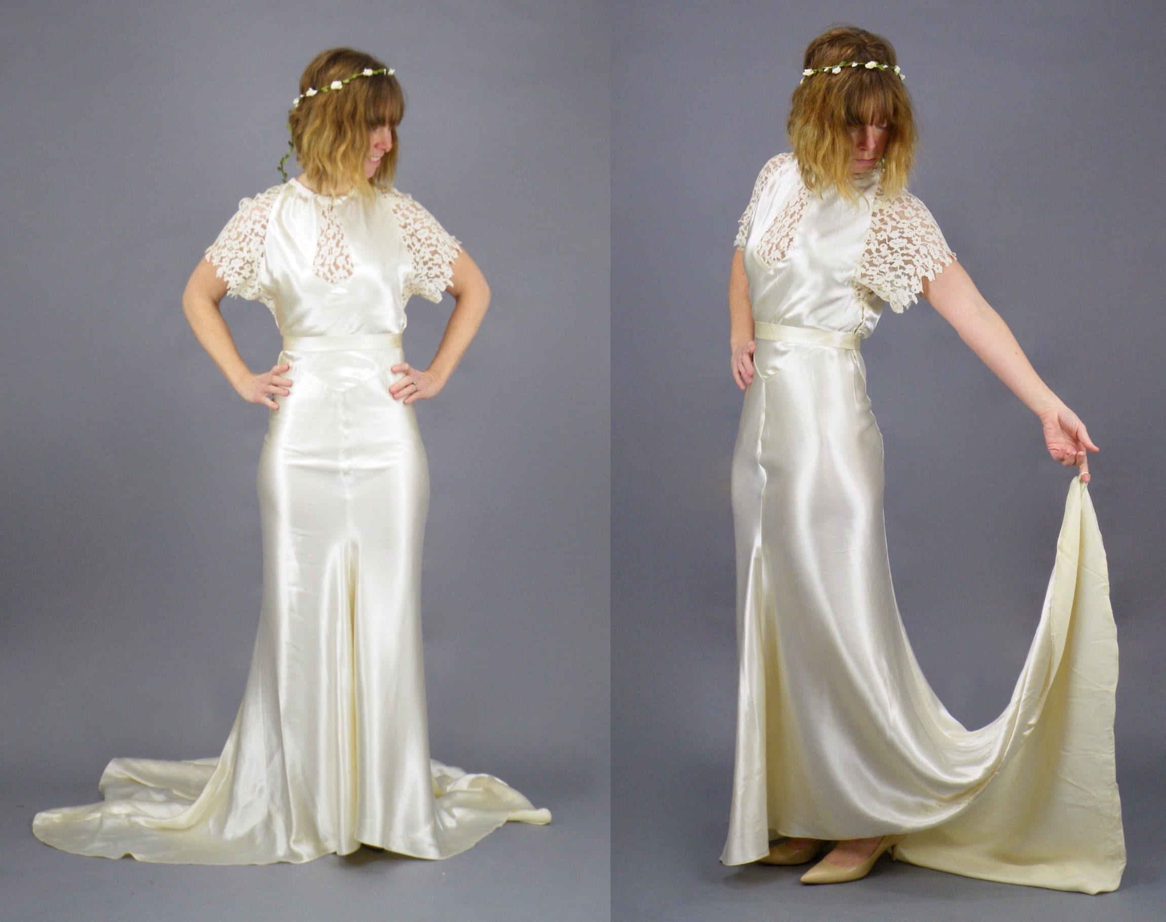 Vintage 1930s Wedding Gown, 30s Bias Cut Wedding Dress, Ivory Satin ...