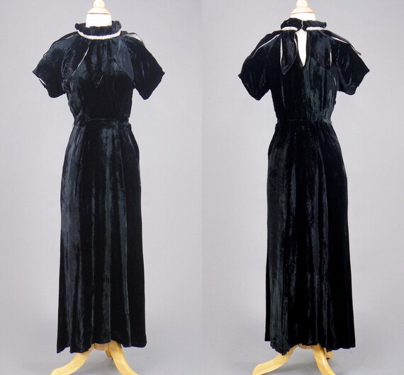 Vintage 1930s Silk Velvet Dress, 30s Gown, Black S