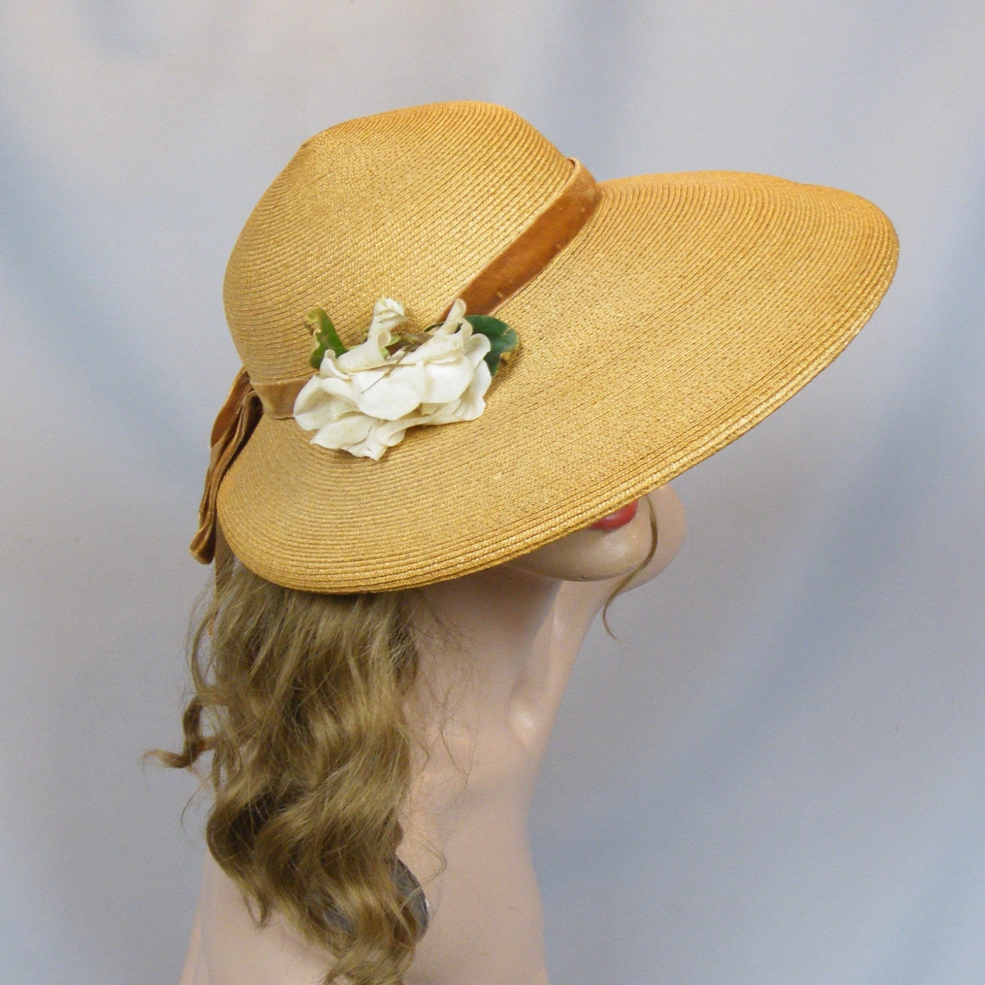Vintage 1930s 40s Curled Wide Brim Straw Picture Cartwheel Hat with ...