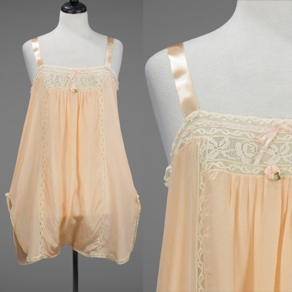 Antique 1920s Teddy Chemise, 20s Flapper Lingerie, Tangerine Silk Filet Lace Negligee with Inset Lace, M - M/L