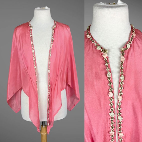 1920s Silk Shawl Top with Ribbon Flower Trim, 20s Boudoir Lingerie Top, Winged Sleeves