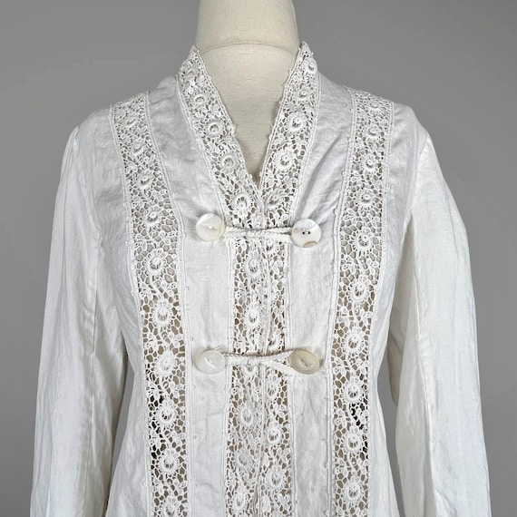 Antique 1900s Edwardian Linen Insertion Lace Jacket | Early 1910s White Summer Coat | Heirloom Bridal Cover-Up | Lingerie Jacket | S-M