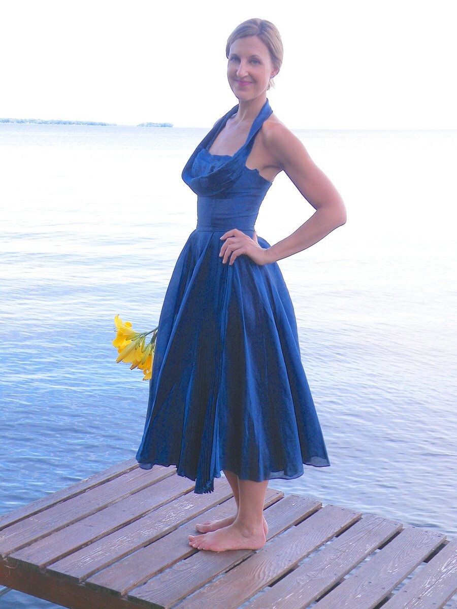 Vintage 50s Dress, 1950s Circle Skirt Dress, Sapphire Blue Silk Rockabilly Shelf Bust Halter 