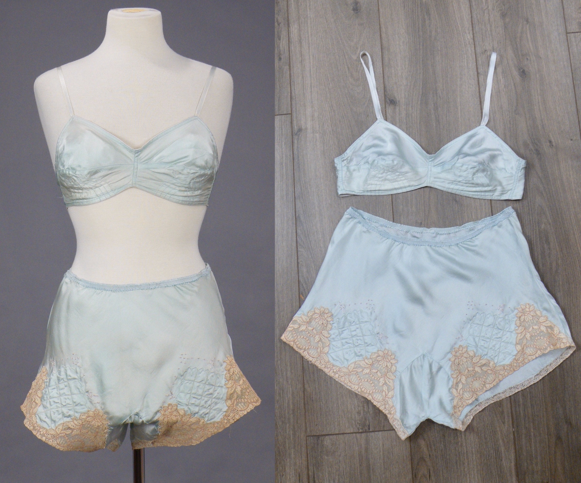 Vintage 1920s Silk Bra and Panties, 20s Flapper Lingerie Set, Lace Trim Ice  Blue Silk Tap Pants Bralette Set, 36 Bust