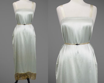 Vintage 1920s Metallic Gold Lace Trim Seafoam Green Slip Dress, 20s Silk Charmeuse Slip, Medium