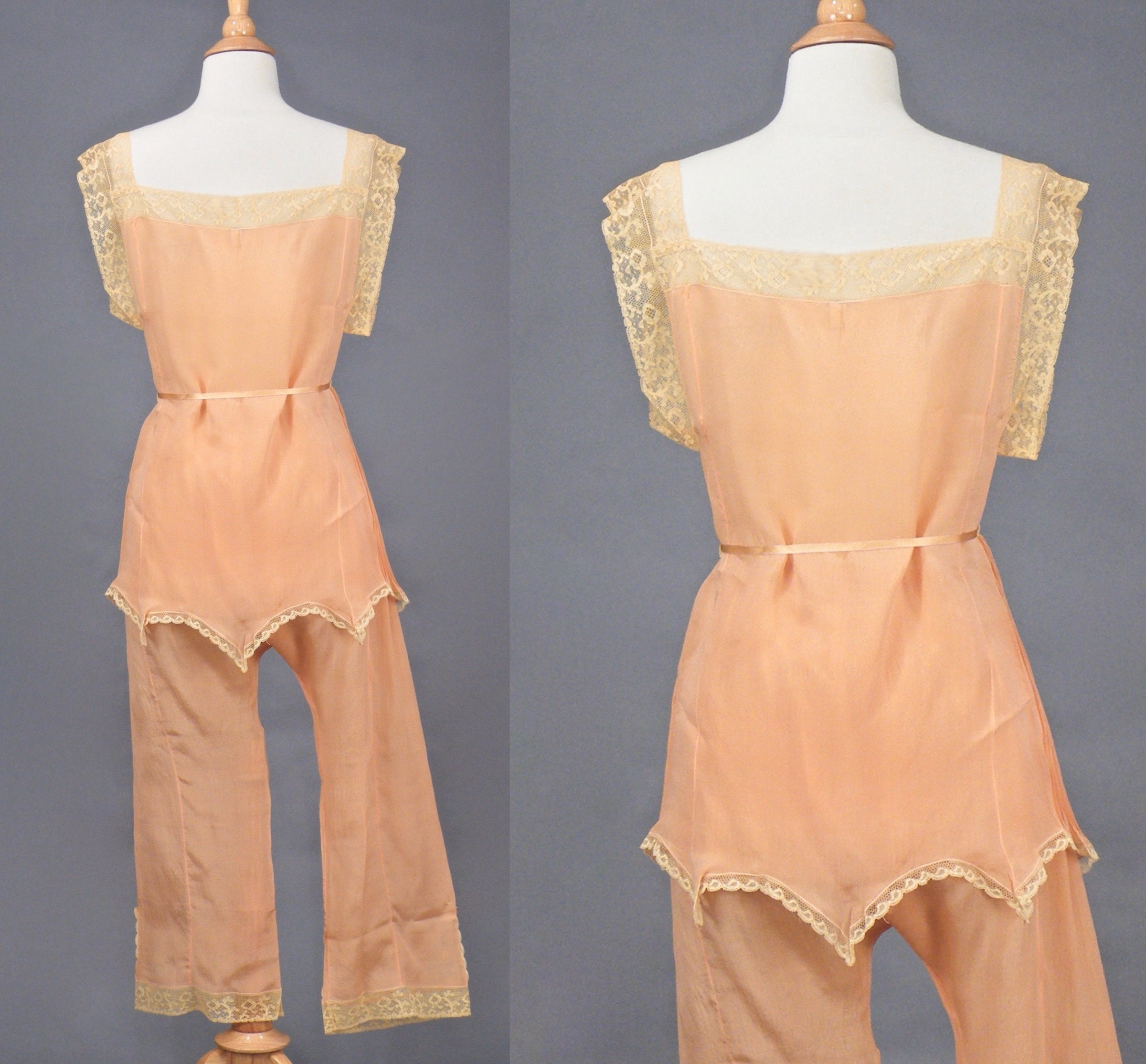 Vintage 1920s Pajama Set, 20s Peach Silk Lace Camisole Top and Pajama ...
