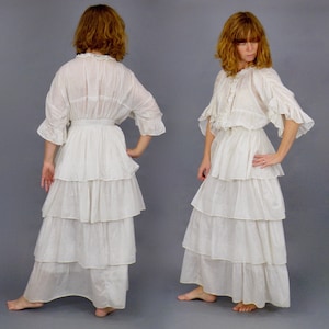 1900s Printed Cotton Edwardian Dress, 2pc Antique Skirt and Tunic Blouse, 23 Waist