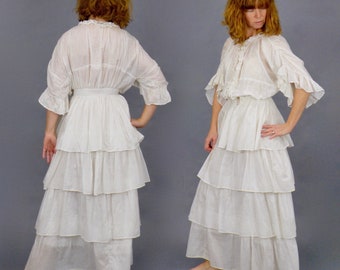1900s Printed Cotton Edwardian Dress, 2pc Antique Skirt and Tunic Blouse, 23 Waist