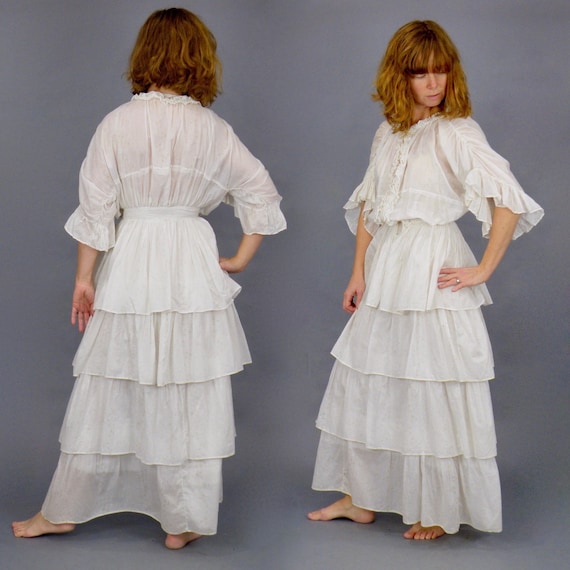 1900s Printed Cotton Edwardian Dress, 2pc Antique Skirt and Tunic Blouse, 23 Waist