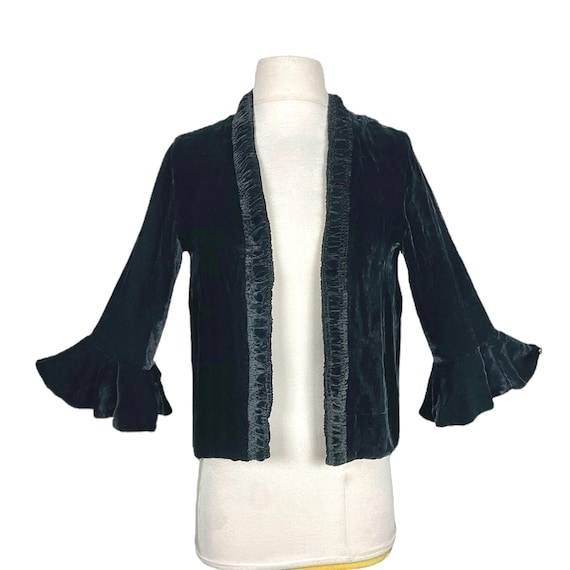 1930s Black Silk Velvet Evening Top Jacket | Flared Bell Sleeves | Open Front Art Deco Vintage Topper XS/S
