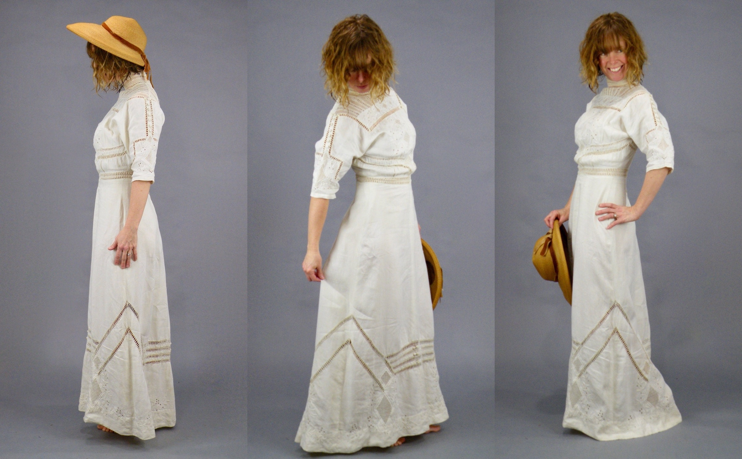 1900s Edwardian Embroidered Cutwork Linen Dress & Irish