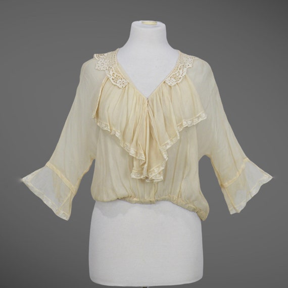 1920s Blouse, Vintage 20s Sheer Silk Chiffon Mixed Lace Jabot Top, Beige Poet Blouse, Large 42 Bust