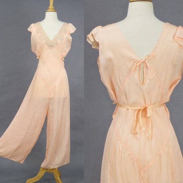 1930s Lounging Pajamas, Rare NRA Label 30s Jumpsuit PJ’s, Vintage 1930s Wide Leg Step-In Palazzo Pants Pajama Pantsuit