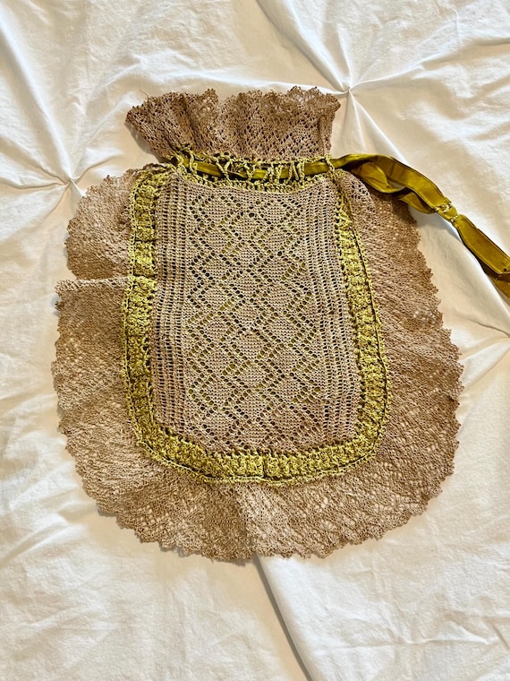 Vintage 1920s Ecru Chartreuse Crochet Reticule Purse, 20s Flapper Handbag