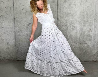 Antique Edwardian Cotton Skirt | 1900s Tulip Print, XS S