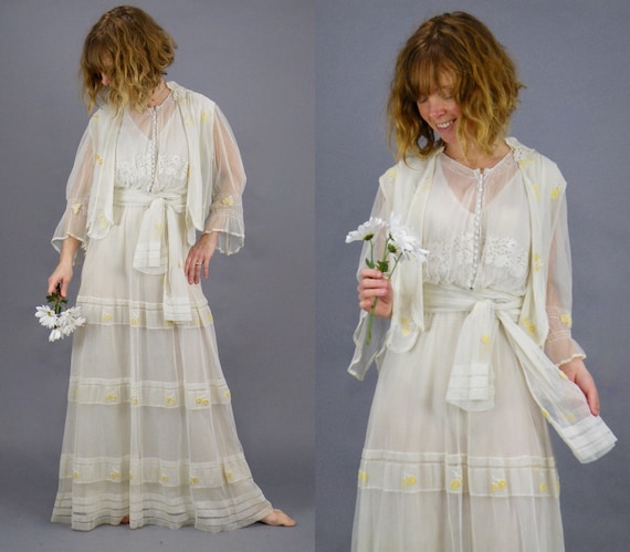 Antique Edwardian Dress, 1910s Embroidered Cotton