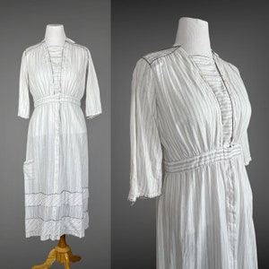 1910s Day Dress, Antique Edwardian Striped Cotton Work Dress, Large