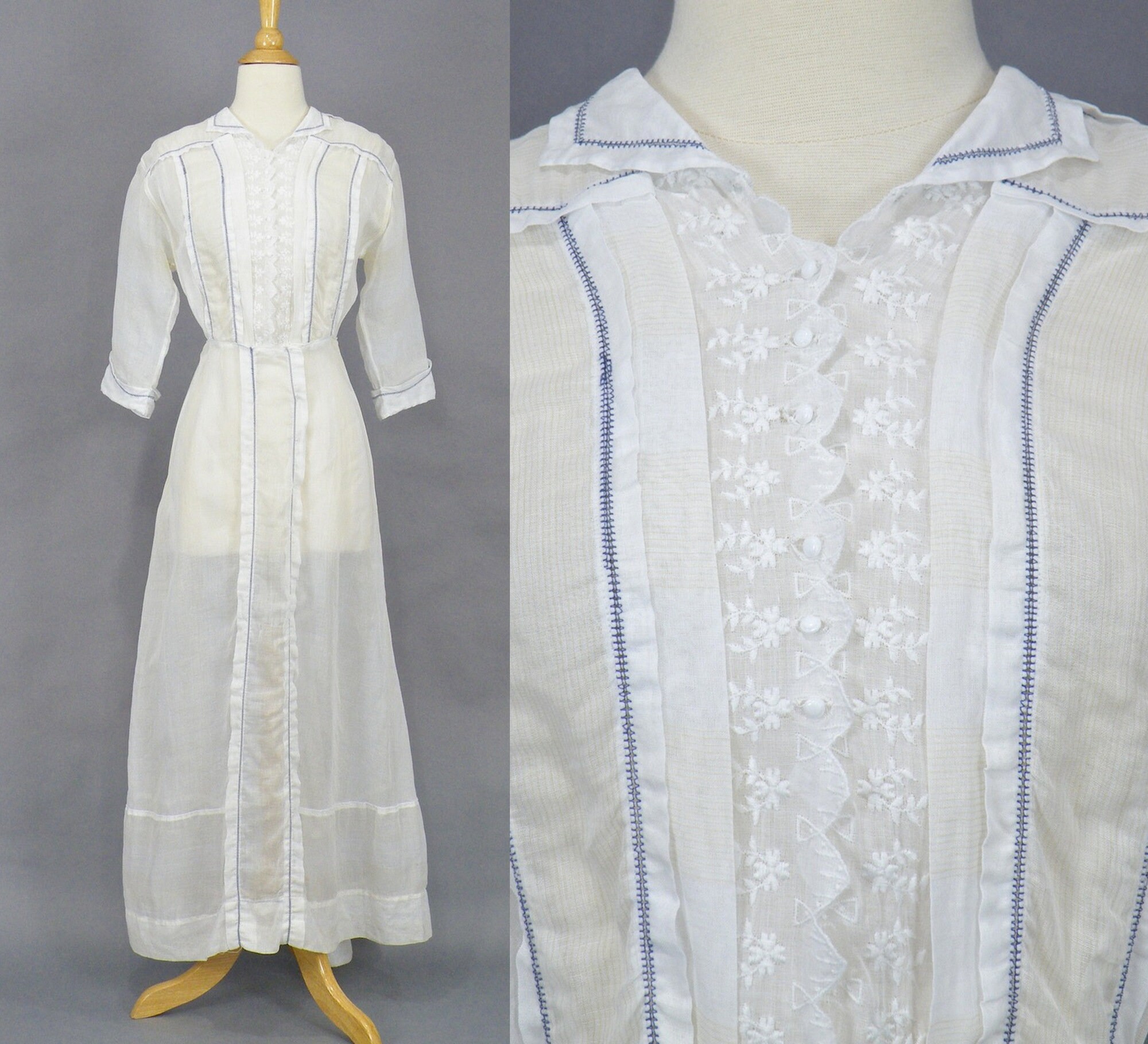 Edwardian Dress, Antique 1910s Striped White Cotton Tea Edwardian Dress, Antique 1910s Striped White Cotton Tea