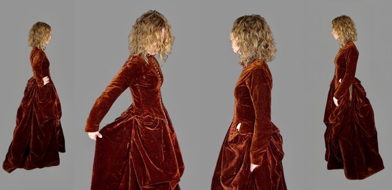 1880s Victorian Sienna Brown Velvet Bustle Dress,… - image 4