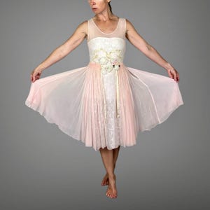 Vintage 1920s Pink Silk Chiffon Lace Ballerina Dress with Velveteen Flowers, 20s Dress, XS Sheer Balletcore Dress