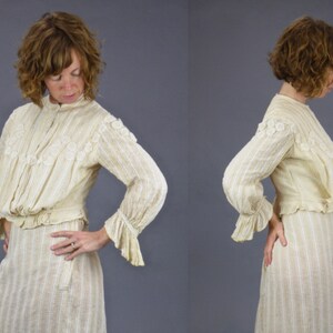 1900s Gibson Girl Dress, Antique Edwardian Lace Appliqué Striped Linen Blouse and Skirt Set, XS S image 8