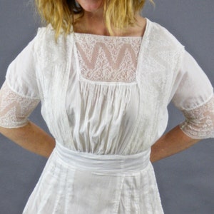 Edwardian Lingerie Dress, Antique 1910s Dress, White Cotton Lace Lawn Dress, XXS