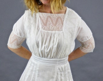 Edwardian Lingerie Dress, Antique 1910s Dress, White Cotton Lace Lawn Dress, XXS