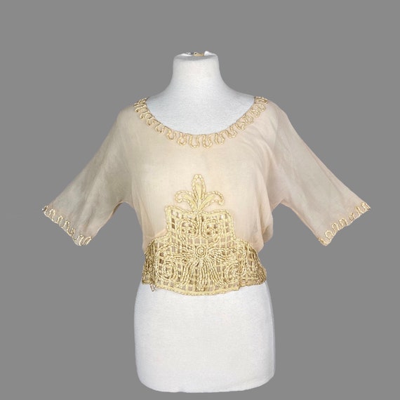 Antique 1910s 1920s Pale Blush Silk Chiffon Blouse with Cream Silk Soutache Braid, Sheer 20s Blouse, Medium