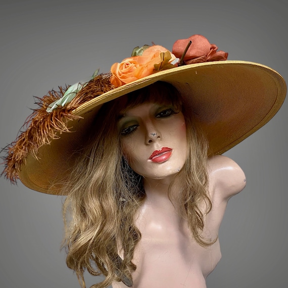 Vintage 1930s Wide Brim Straw Cartwheel Hat with … - image 9