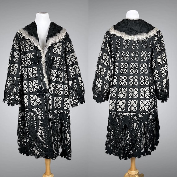 Late 1910s 1920s Feather Trim Wool Soutache Coat, Ornate 20s Black Braided Soutache Lace Jacket with Velvet Flowers, Large - XL