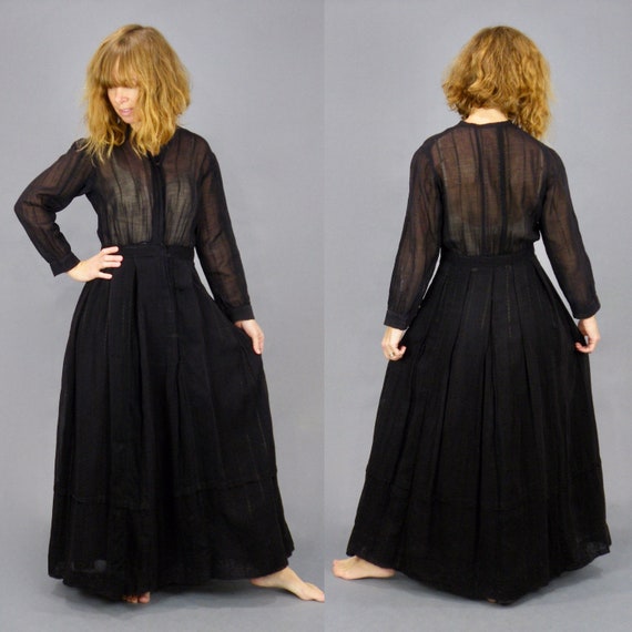 Antique Black Cotton Edwardian Chore Dress, 1910s