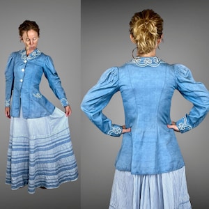 Edwardian Linen & Cotton Walking Suit, Antique 1910s Striped Cotton Skirt and Blue Linen Walking Jacket, XS / S