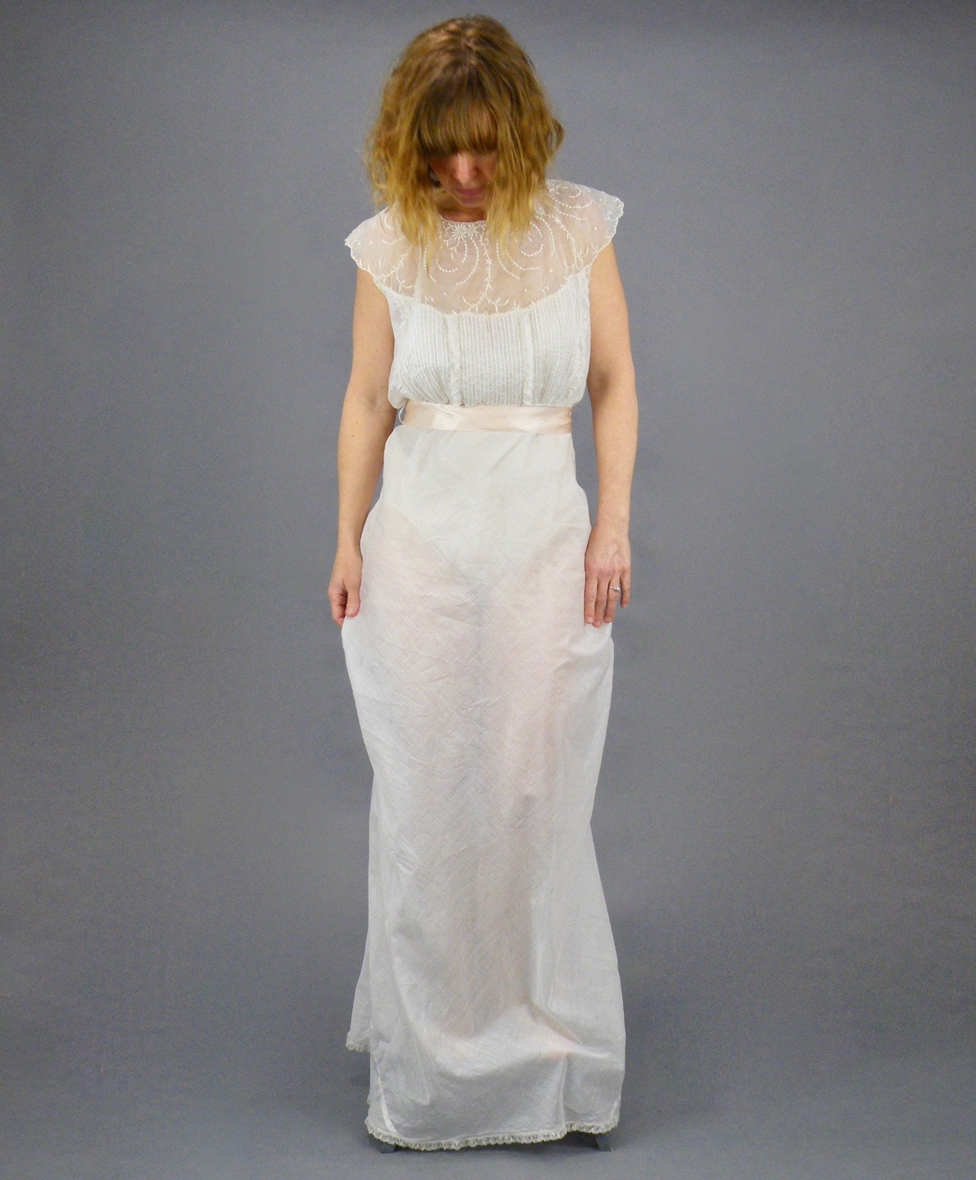 HOLD Vintage 1930s Dress, 30s White Cotton Dress, Sheer Bias Cut Dress with Embroidered Silk Organdy