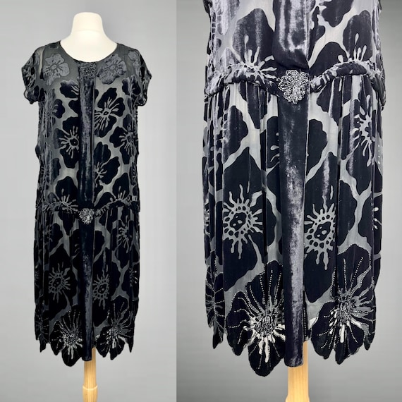 Vintage 1920s Burnout Silk Velvet Flapper Dress in Black and Gray with Beaded Floral Motif and Scalloped Hem | Great Gatsby Party Dress