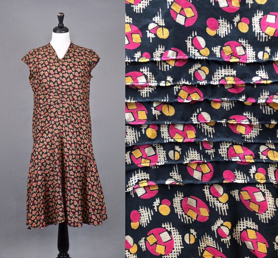 Vintage 1920s Print Dress, 20s Dress, Geometric Pr